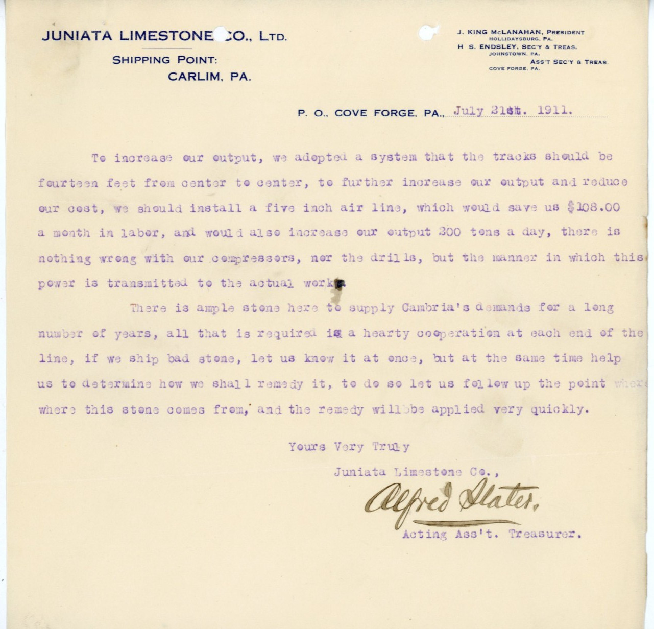 1911 Antique Letterhead Juniata Limestone Cove Forge PA Mining Railroad Signed 1911 Antique Letterhead Juniata Limestone Cove Forge PA Mining Railroad Signed