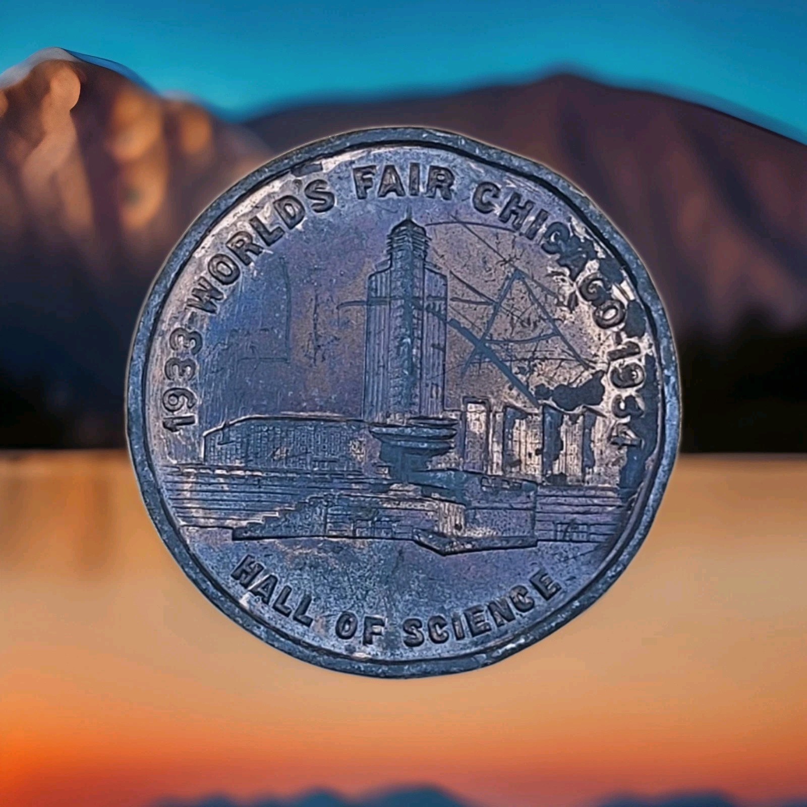 1933–1934 Chicago World's Fair Lucky Penny Coin Hall of Science Heavy Patina 1933–1934 Chicago World's Fair Lucky Penny Coin Hall of Science Heavy Patina