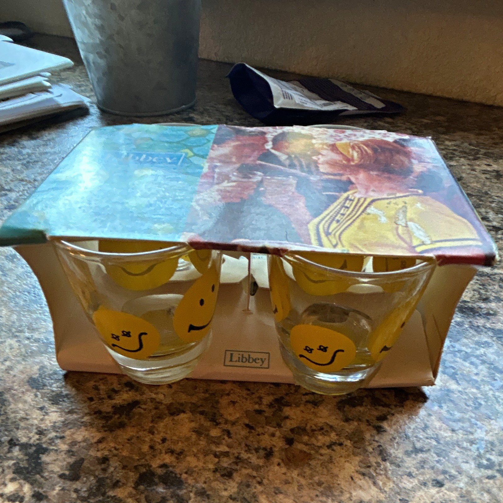 Libbey Vintage 1970s Smiley Face 2 oz Clear/Yellow Glass Shot Glasses, Set of 4 Libbey Vintage 1970s Smiley Face 2 oz Clear/Yellow Glass Shot Glasses, Set of 4