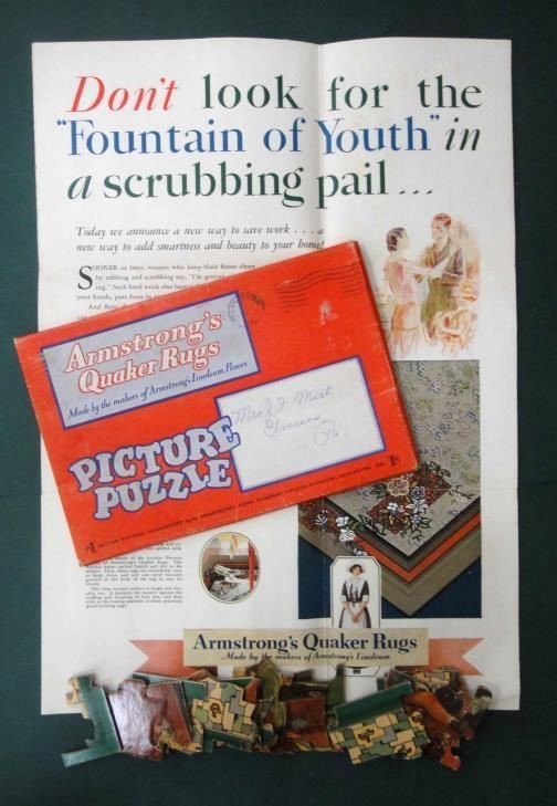 1920s antique ARMSTRONG QUAKER RUG JIGSAW PUZZLE,BROCHURE,ENVELOPE lancaster pa