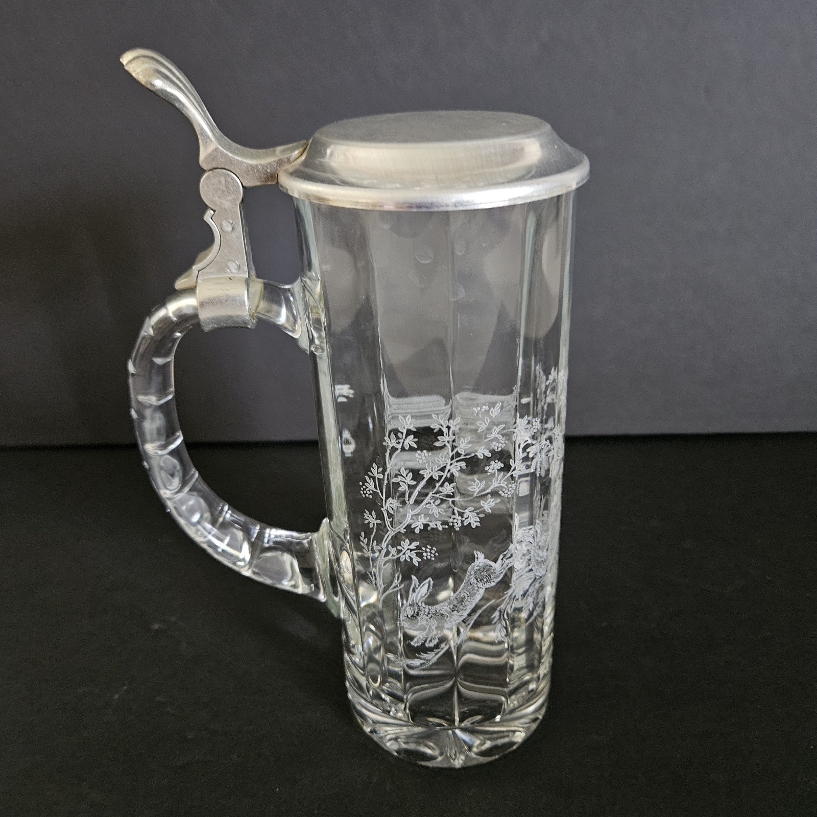 VTG BMF Beer Stein Bayerische Germany Etched Wildlife Glass Hinged Pewter Lid