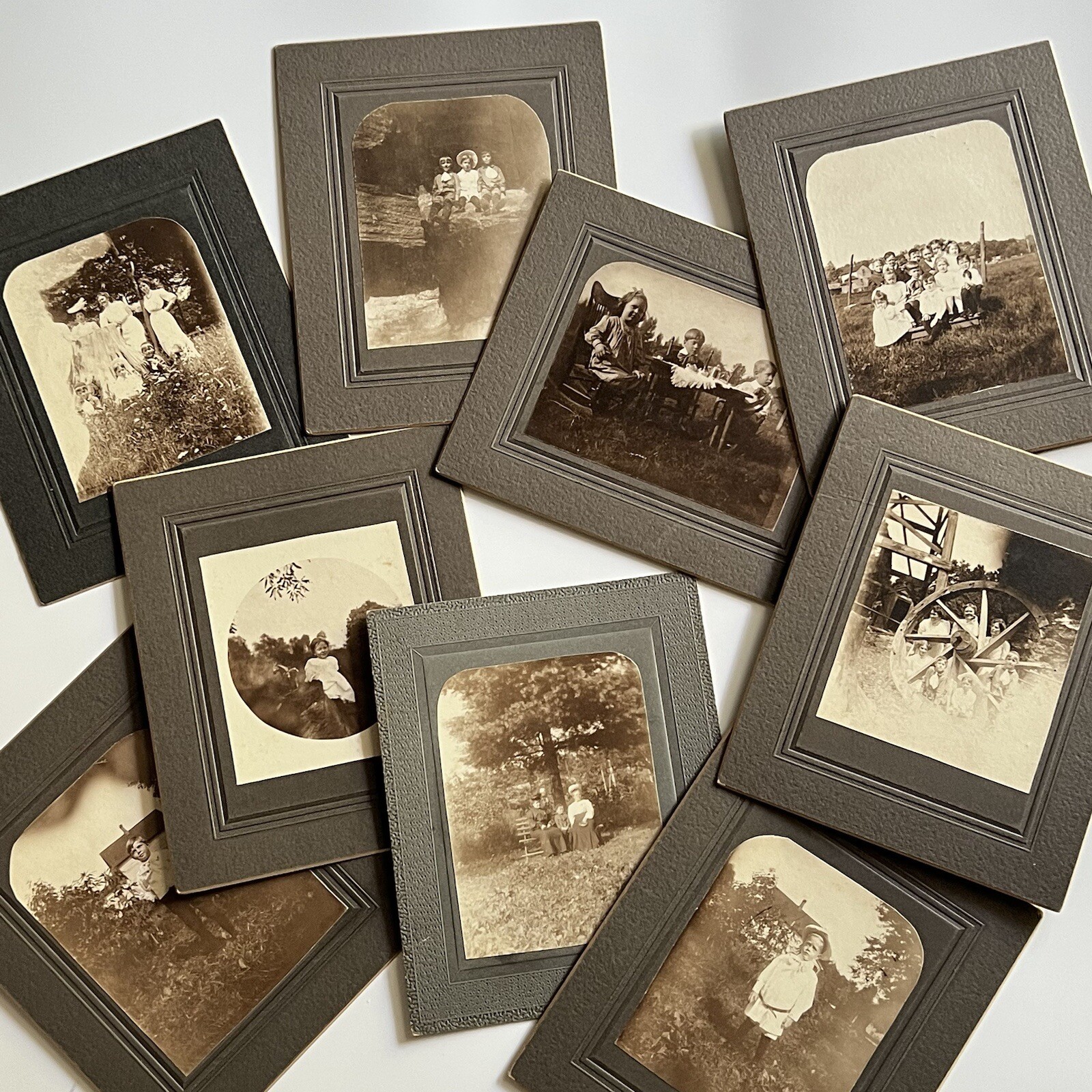 Antique Cabinet Card Photograph Lot Of 9 Adorable Children Playing Outside Tree Antique Cabinet Card Photograph Lot Of 9 Adorable Children Playing Outside Tree