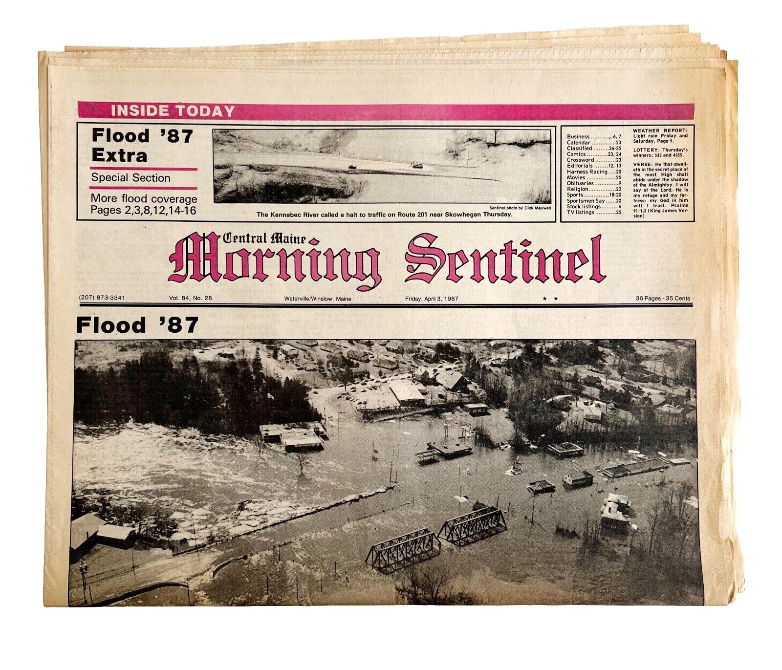 1987 Kennebec Flood Newspaper Morning Sentinel Maine April 3 Disaster DWHH7