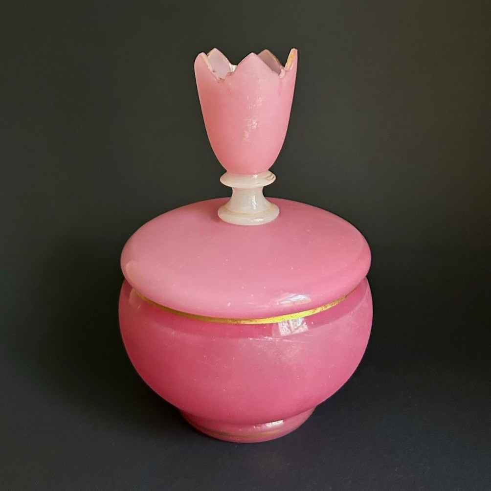 Antique Pink Opaline Satin Glass Covered Powder Jar Gold Trim Antique Pink Opaline Satin Glass Covered Powder Jar Gold Trim