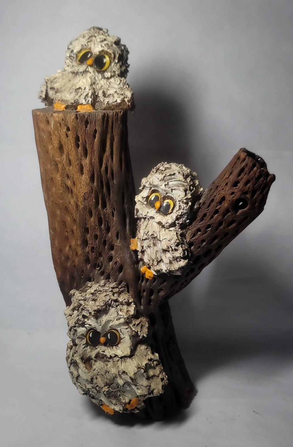 Vtg 1970s Kitschy Big Eyed Owl Fanily on Chola Cactus Sculpture Whimsical MCM Vtg 1970s Kitschy Big Eyed Owl Fanily on Chola Cactus Sculpture Whimsical MCM