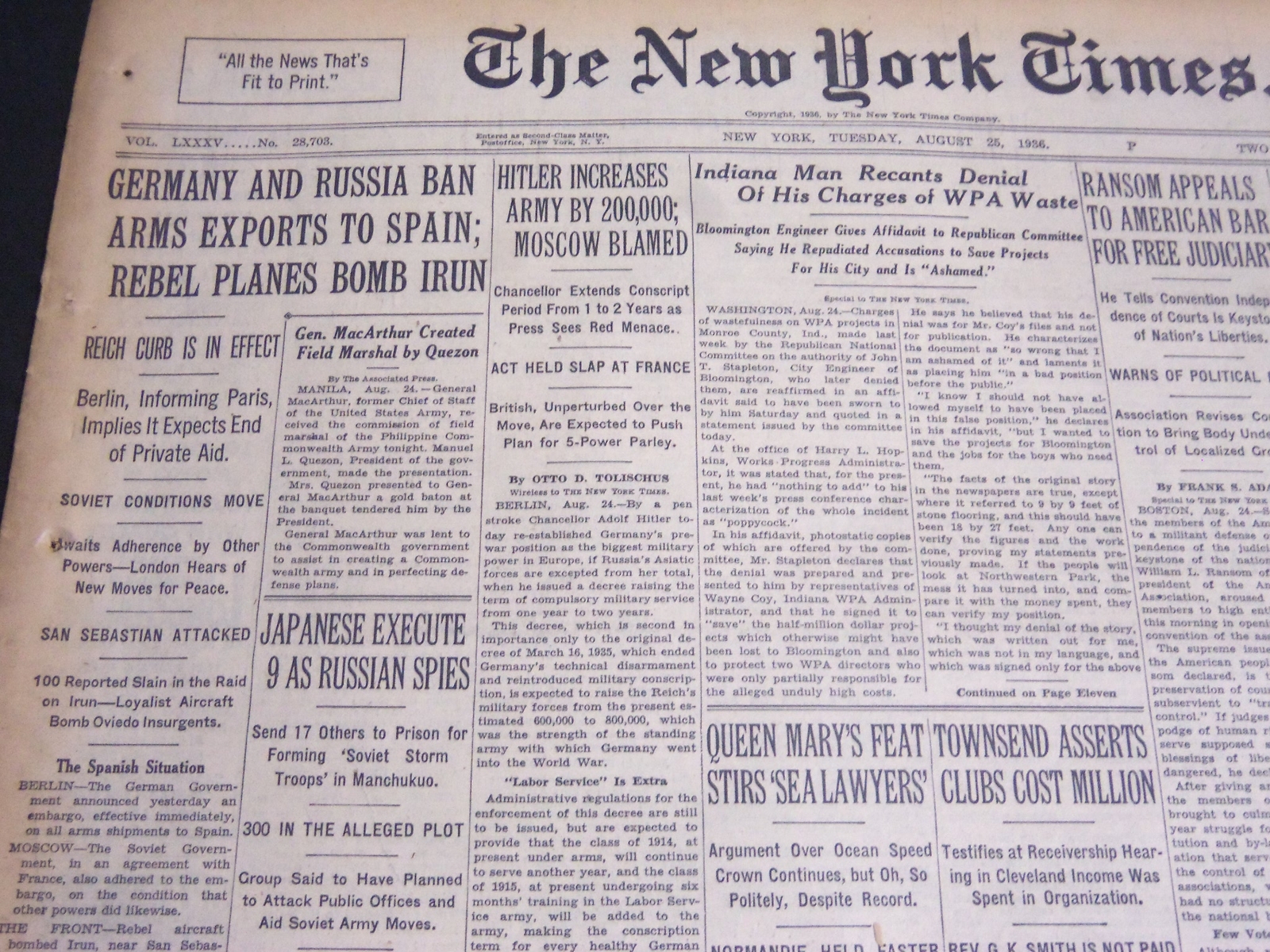 1936 AUGUST 25 NEW YORK TIMES - HITLER INCREASES ARMY BY 200,000 - NT 6876 1936 AUGUST 25 NEW YORK TIMES - HITLER INCREASES ARMY BY 200,000 - NT 6876