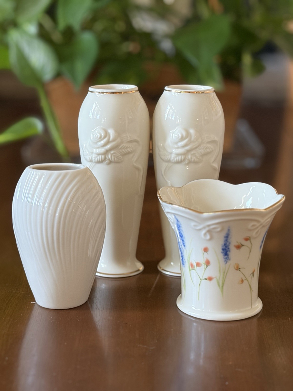 Lot of 4 Lenox Ivory Porcelain Vases - Pair of 6” Rose Bud, 4” Fluted, 3” Floral