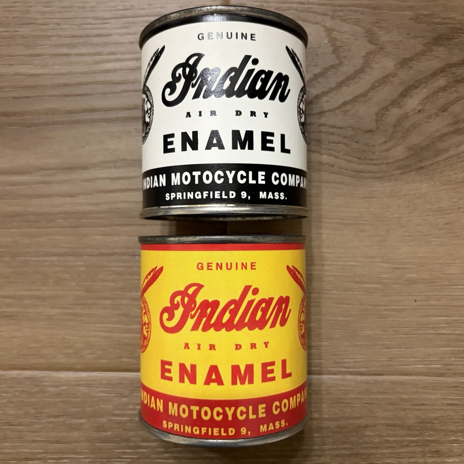 Lot of 2 Vintage Indian Motorcycle Advertising Air Dry Enamel Cans Empty