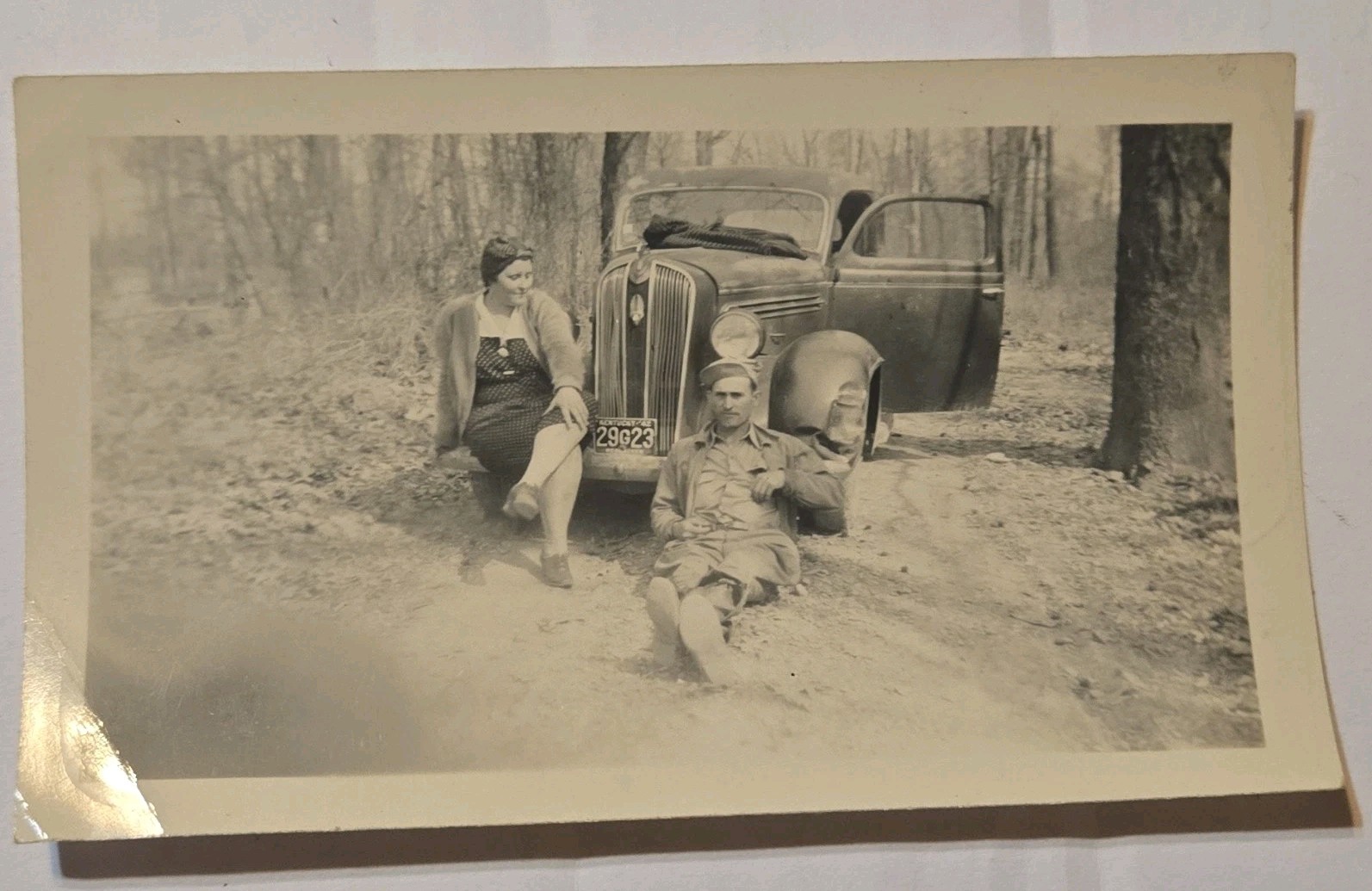Vintage 1930s 1940s Family Picnic Photo Lot 5 Camping Woods Classic Car B&W 