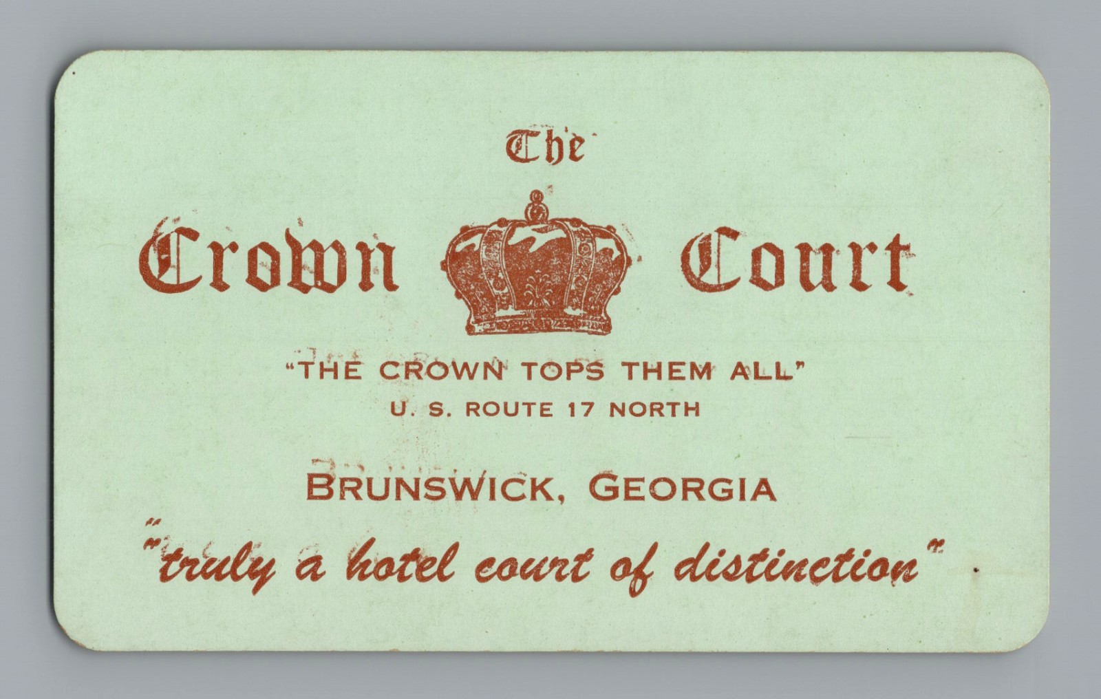 Vintage 1940s THE CROWN COURT Motel Business Card Brunswick Georgia Route 17