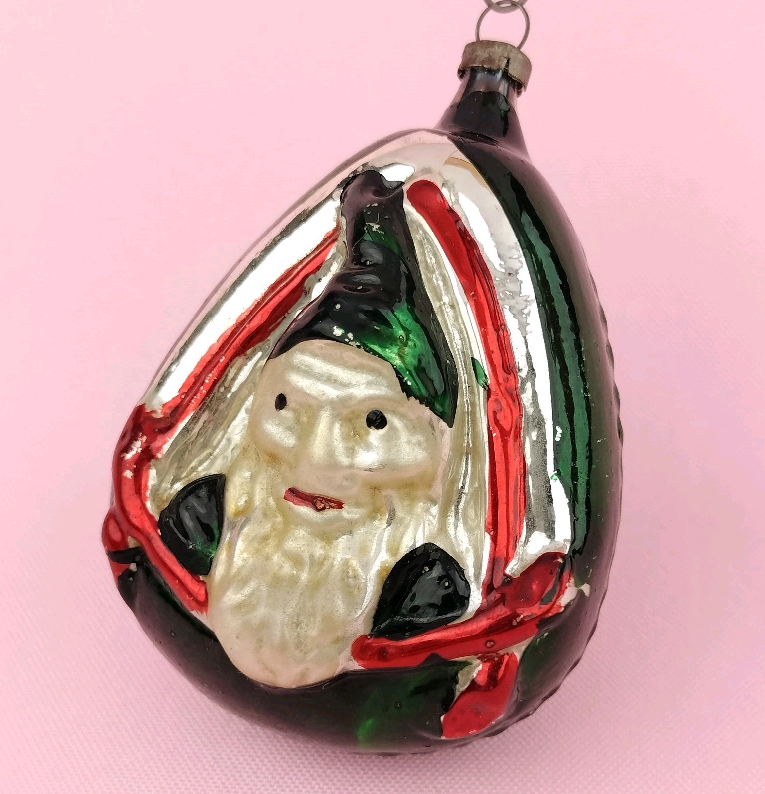Antique Vtg German Embossed Blown Glass Elf Gnome in Triangle Window Ornament