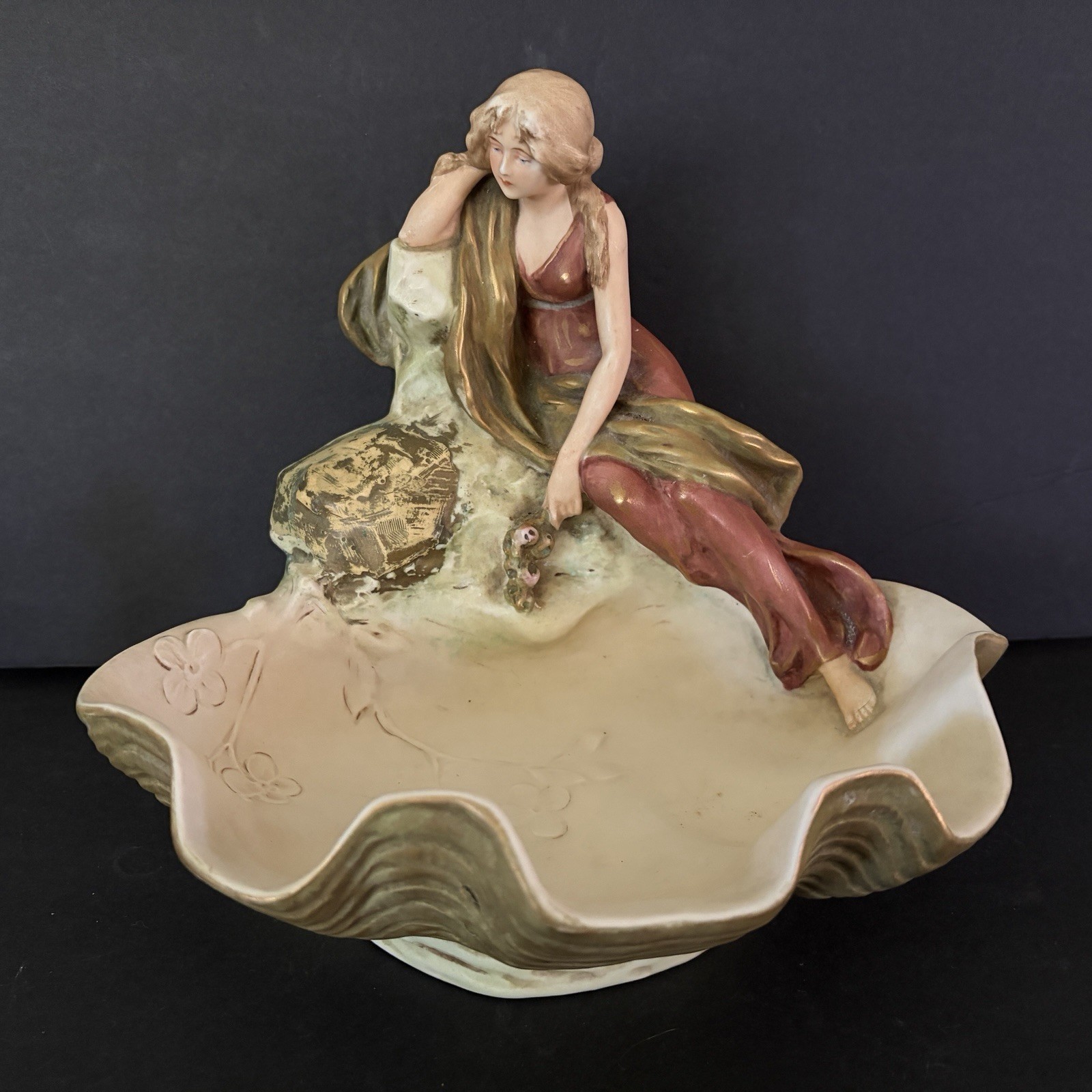 Vintage Royal Dux 2105 Art Nouveau Maiden Shell Centerpiece - Altered/Repaired
