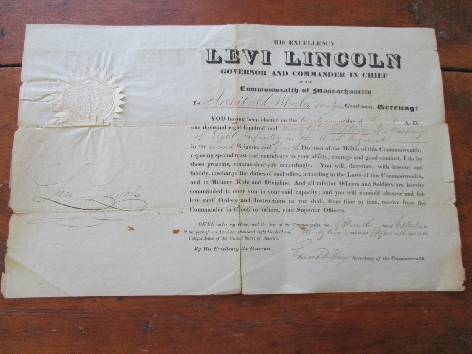2 military commissions 1831/32 sgnd LEVI LINCOLN Massachusetts ARCHIBALD WHEELER