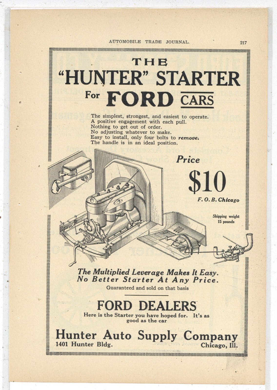 1915 Hunter Auto Supply Co. of Chicago Ad: Starter for Ford Cars - Cutaway View 1915 Hunter Auto Supply Co. of Chicago Ad: Starter for Ford Cars - Cutaway View