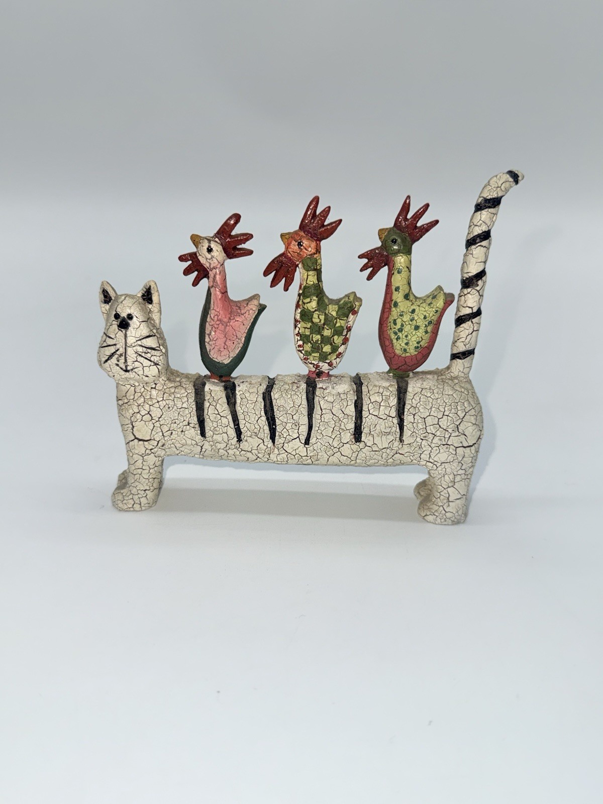 Crackled Cat With 3 Chickens Roosters Figurine Whimsical Farmhouse 5” Crackled Cat With 3 Chickens Roosters Figurine Whimsical Farmhouse 5”