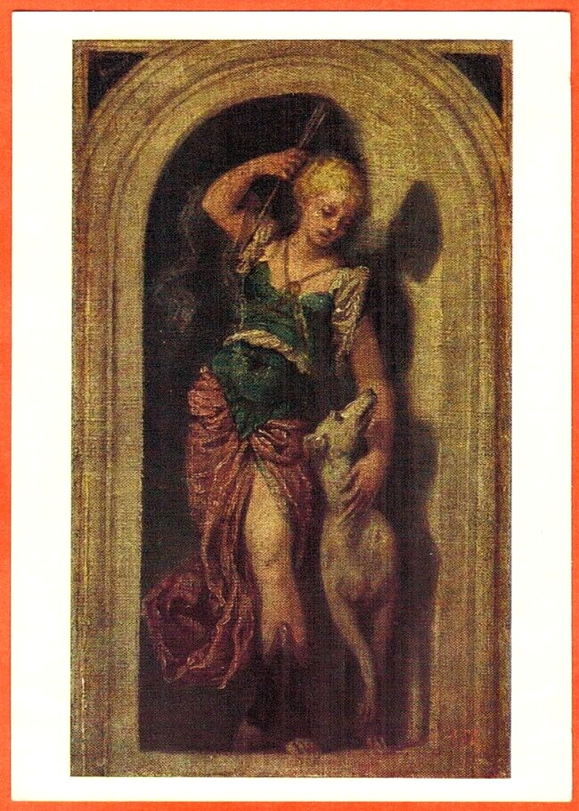 Italian painter Paolo Veronese 1962 Russian postcard DIANA with dog and arrow