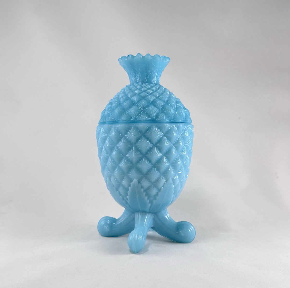 Vintage Blue Opaline Milk Glass Pineapple Covered Candy Dish Footed 7\
