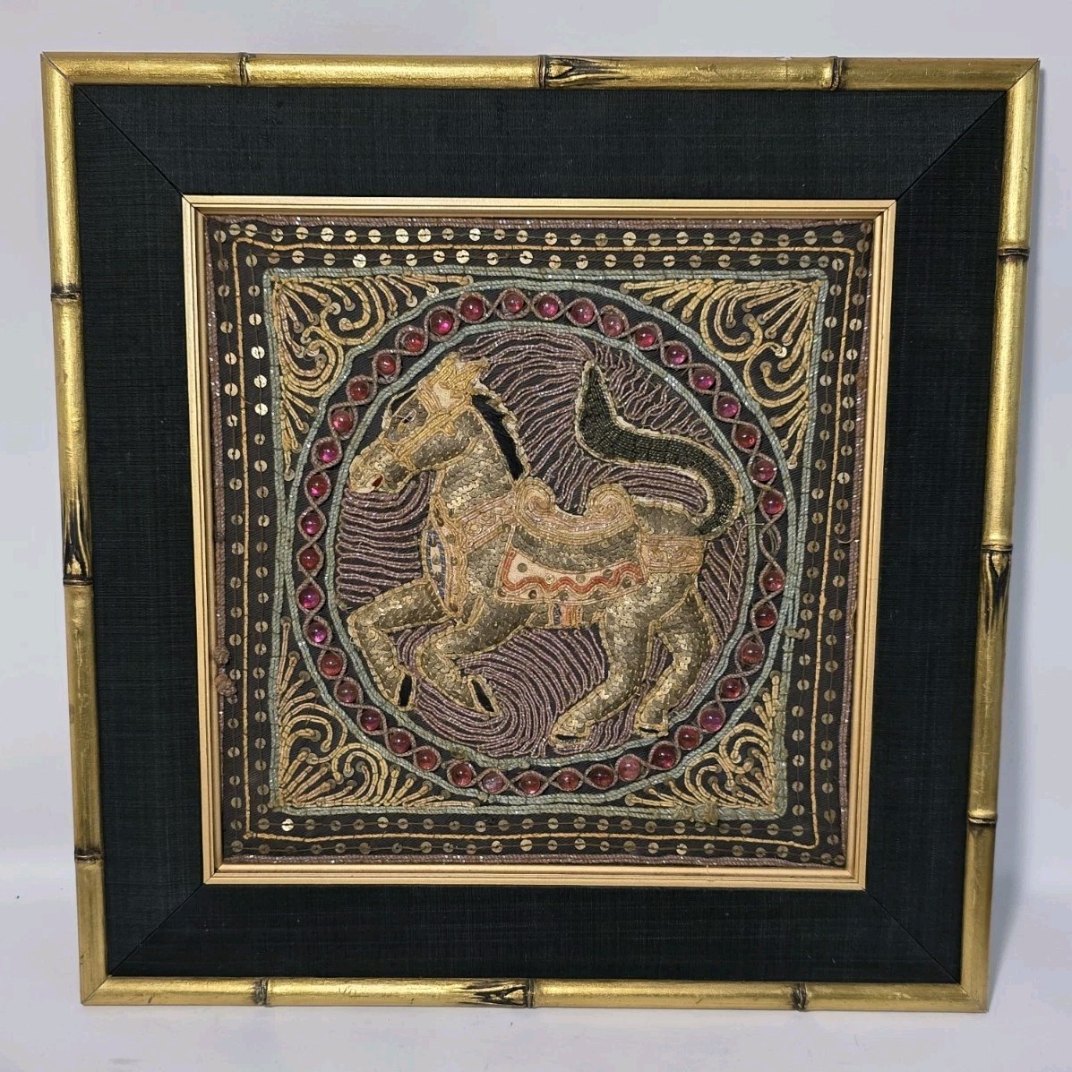 Vtg/Antique Burmese Kalaga Horse Tapestry Handmade Embroidered Sequin Framed Vtg/Antique Burmese Kalaga Horse Tapestry Handmade Embroidered Sequin Framed