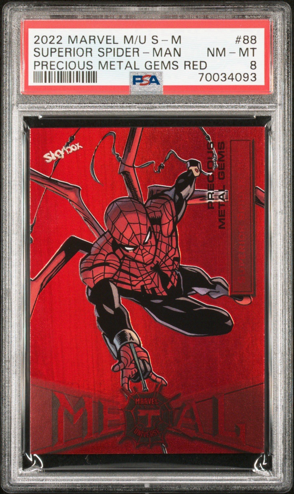SkyBox 2022 Marvel Metal Universe Spider-Man #88 PMG Red /100 PSA 8 SkyBox 2022 Marvel Metal Universe Spider-Man #88 PMG Red /100 PSA 8