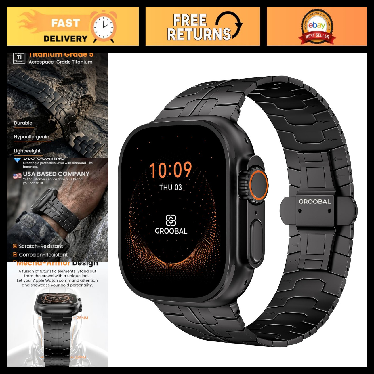 Grade 5 Titanium Band for Apple Watch Ultra 4/3/2/1 49mm & Series 12/11/10 46mm,