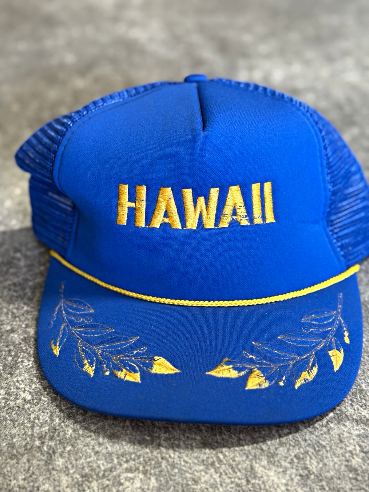 Vintage 80s Hawaii Trucker Hat Hawaiian Headwear Blue Gold Leaves Rope Snapback Vintage 80s Hawaii Trucker Hat Hawaiian Headwear Blue Gold Leaves Rope Snapback