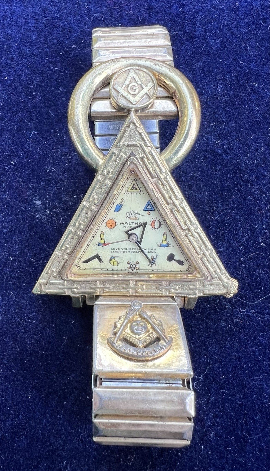 Vintage Original Waltham Masonic Triangle Gold Plated Wristwatch - Working, Rare