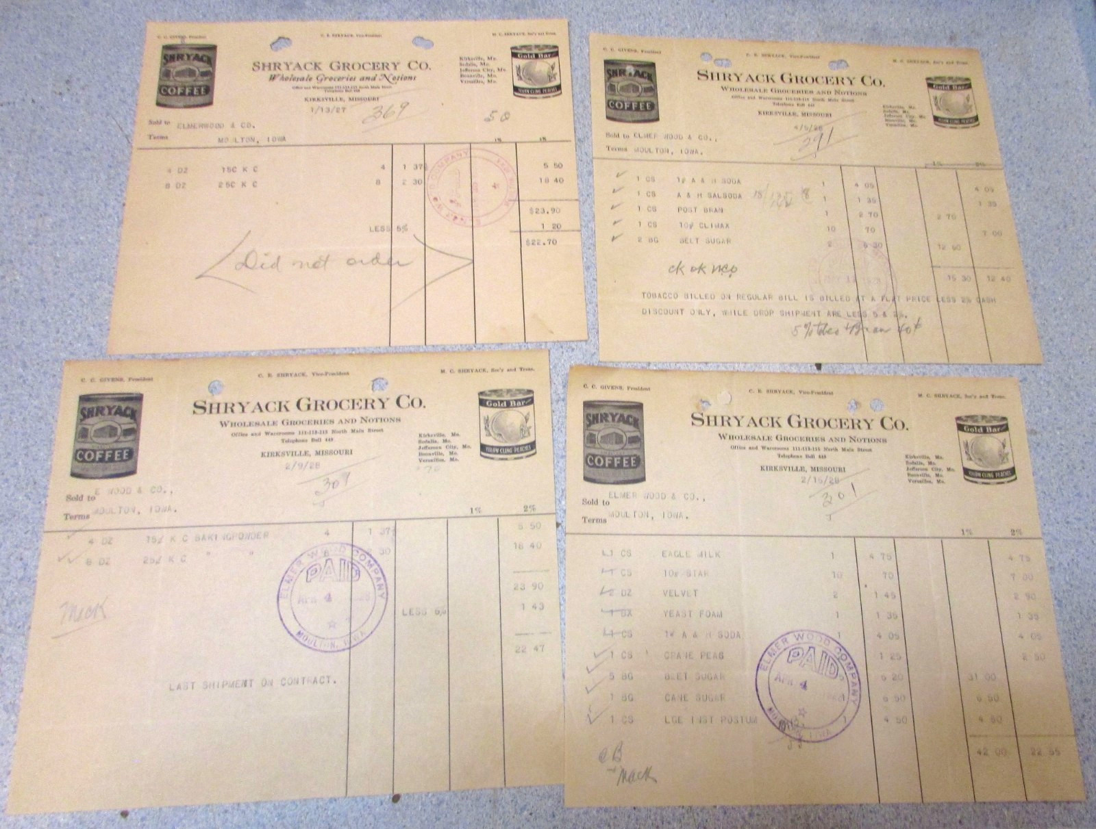4 Antique 1927-1928 Receipts Shryack Wholesale Grocery Kirksville MO Missouri H 4 Antique 1927-1928 Receipts Shryack Wholesale Grocery Kirksville MO Missouri H