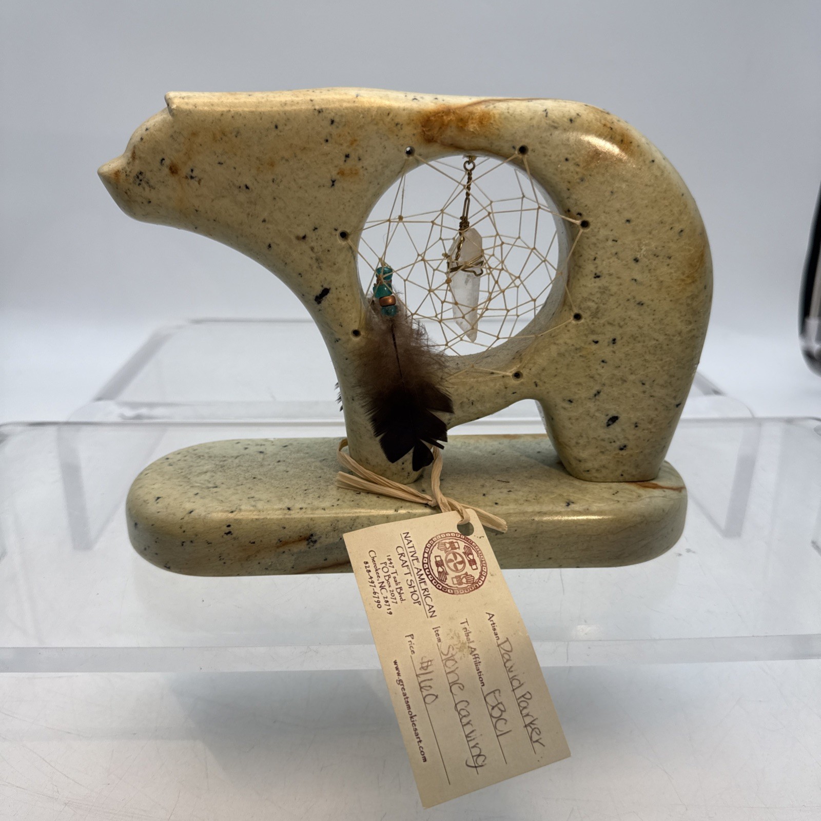 Lg Signed David Parker Stone Carving Fetish Bear dreamcatcher Crystal 2005