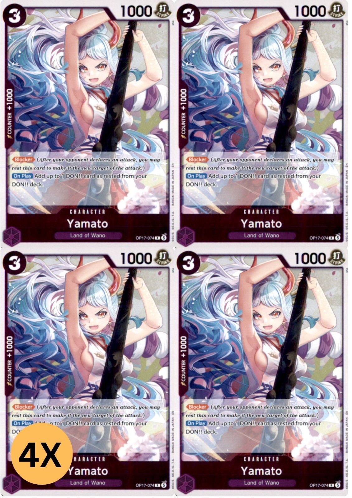 4X Yamato Foil R The World\'s Strongest Warriors OP17-074 Playset 4X Yamato Foil R The World\'s Strongest Warriors OP17-074 Playset