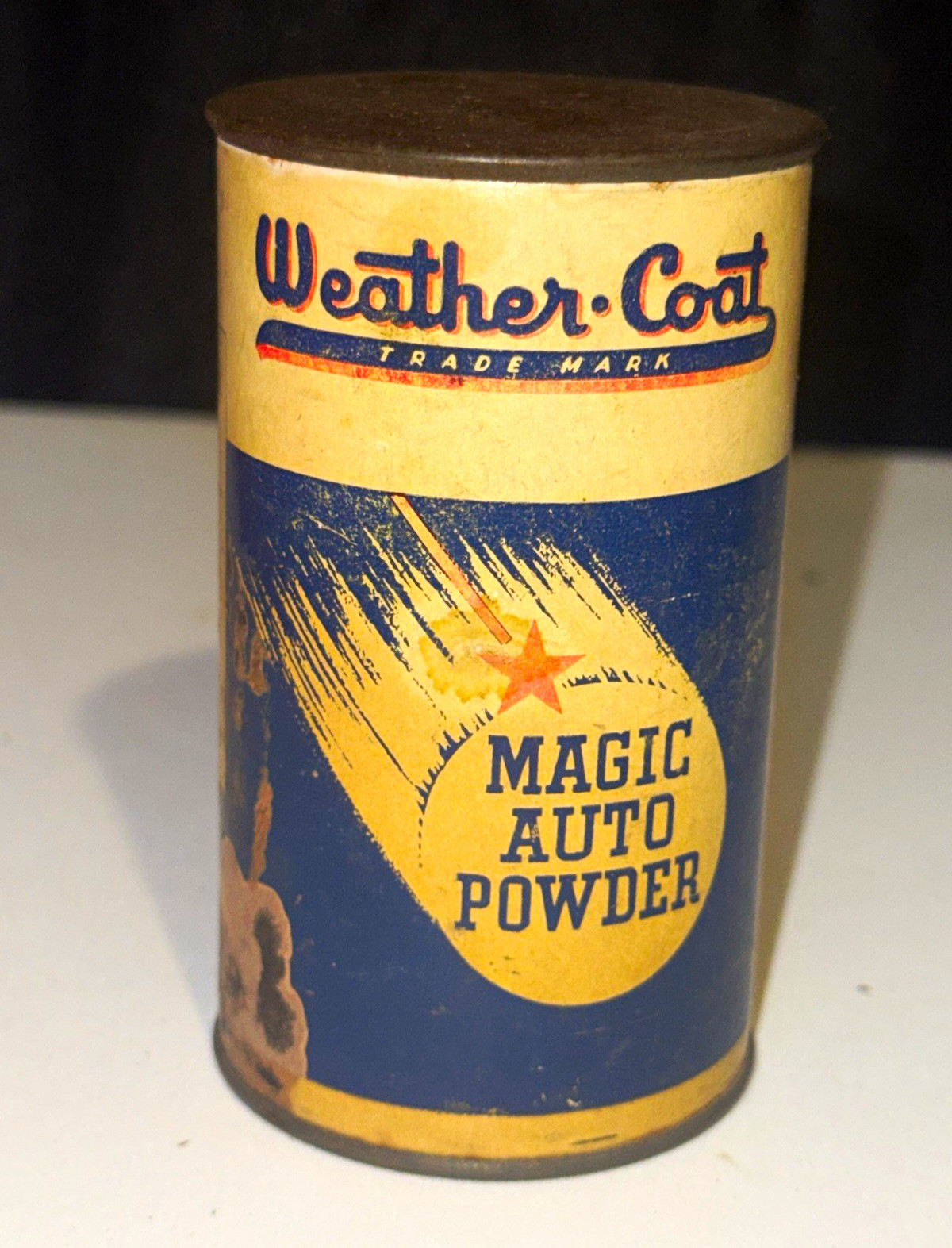 VTG 1950s Weather-Coat Magic Auto Powder Advertising Tin Can Blue/Yellow VTG 1950s Weather-Coat Magic Auto Powder Advertising Tin Can Blue/Yellow