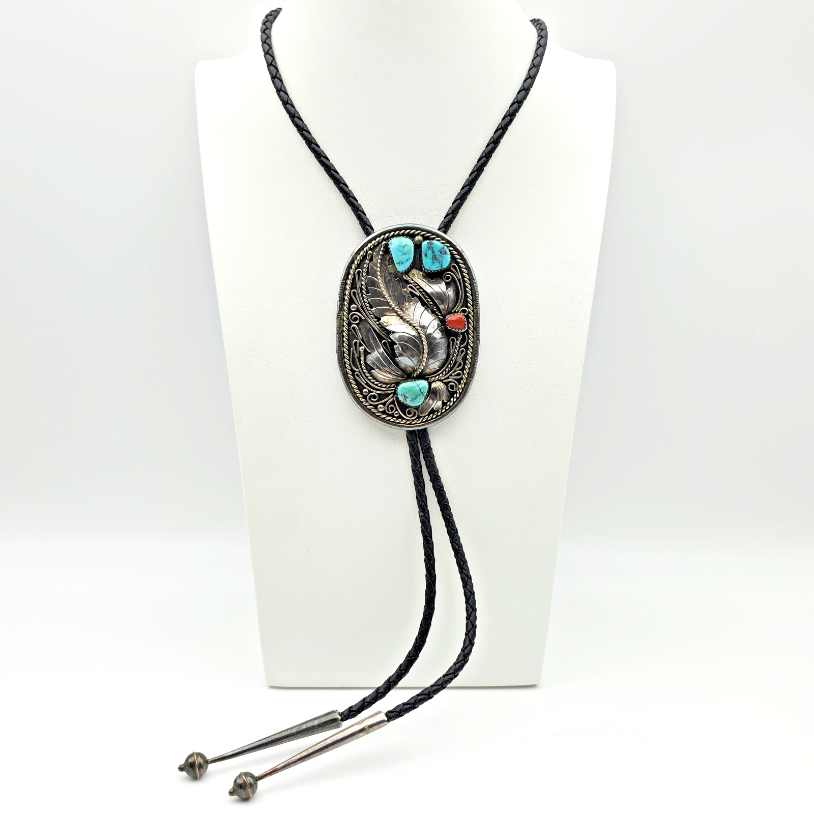 Vintage Native American Navajo Sterling Silver Bolo Tie Turquoise & Coral \ Vintage Native American Navajo Sterling Silver Bolo Tie Turquoise & Coral \