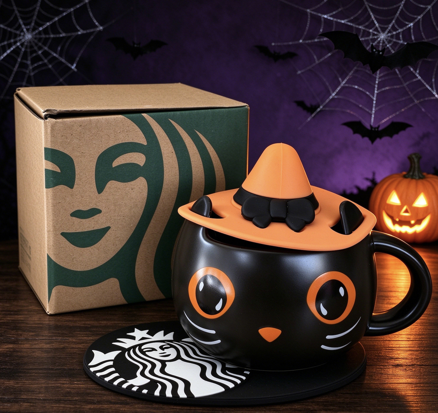 NEW HOT Starbucks Halloween Black Cat Coffee Mug with Cover Coaster Gift Limited NEW HOT Starbucks Halloween Black Cat Coffee Mug with Cover Coaster Gift Limited