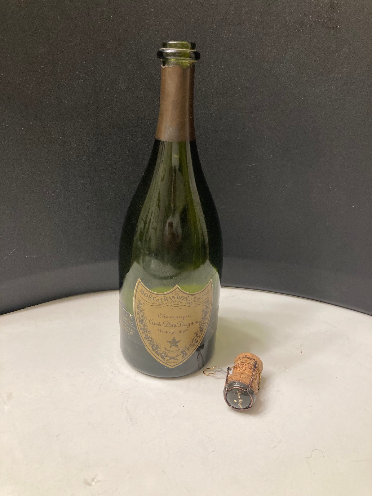 CUVEE DOM PERIGNON CHAMPAGNE VINTAGE 1969 EMPTY BOTTLE CORK, CAGE & CROWN