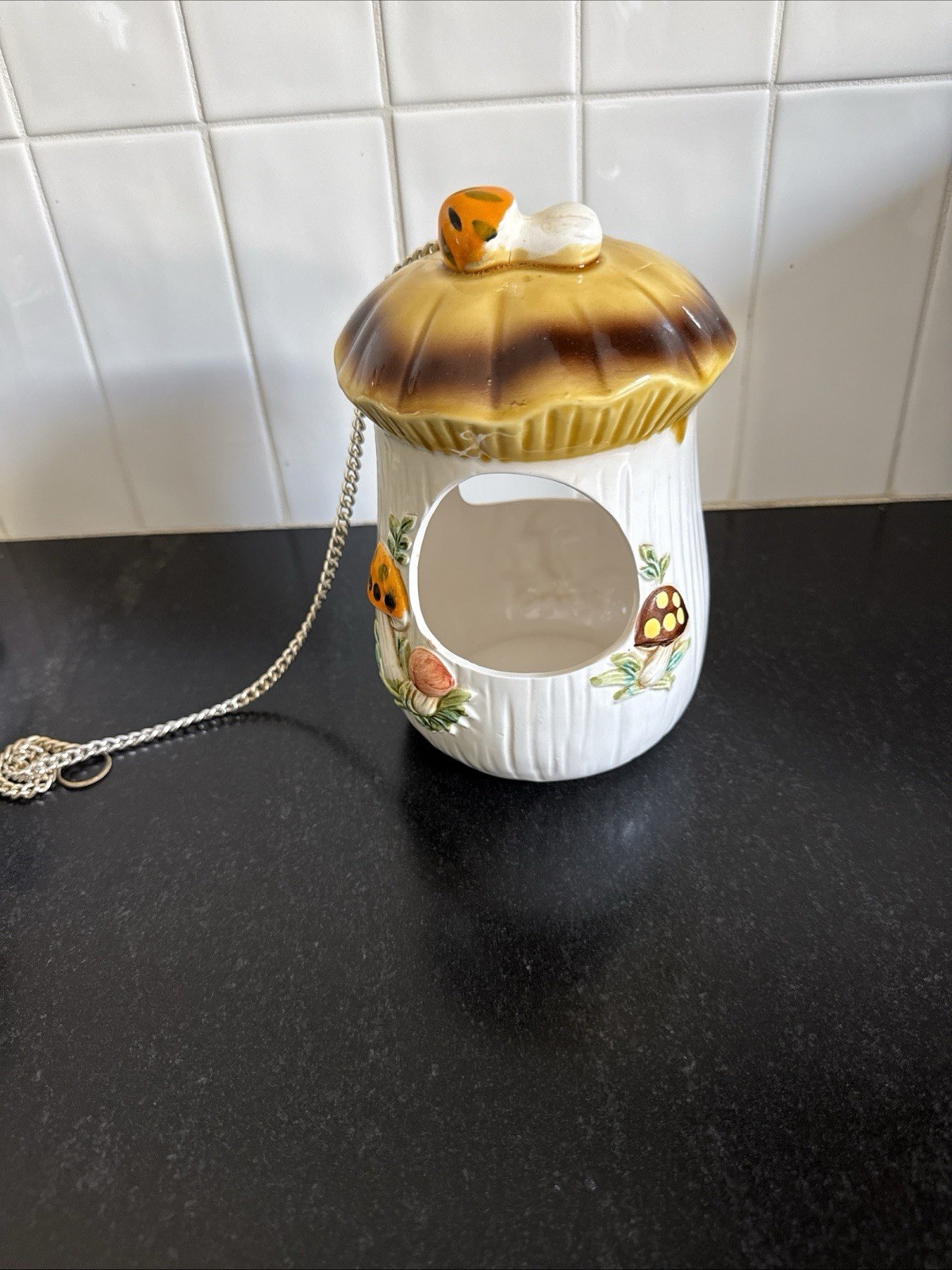 Vintage 70s Sears Merry Mushroom Hanging Planter/Bird Feeder w/Chain Vintage 70s Sears Merry Mushroom Hanging Planter/Bird Feeder w/Chain
