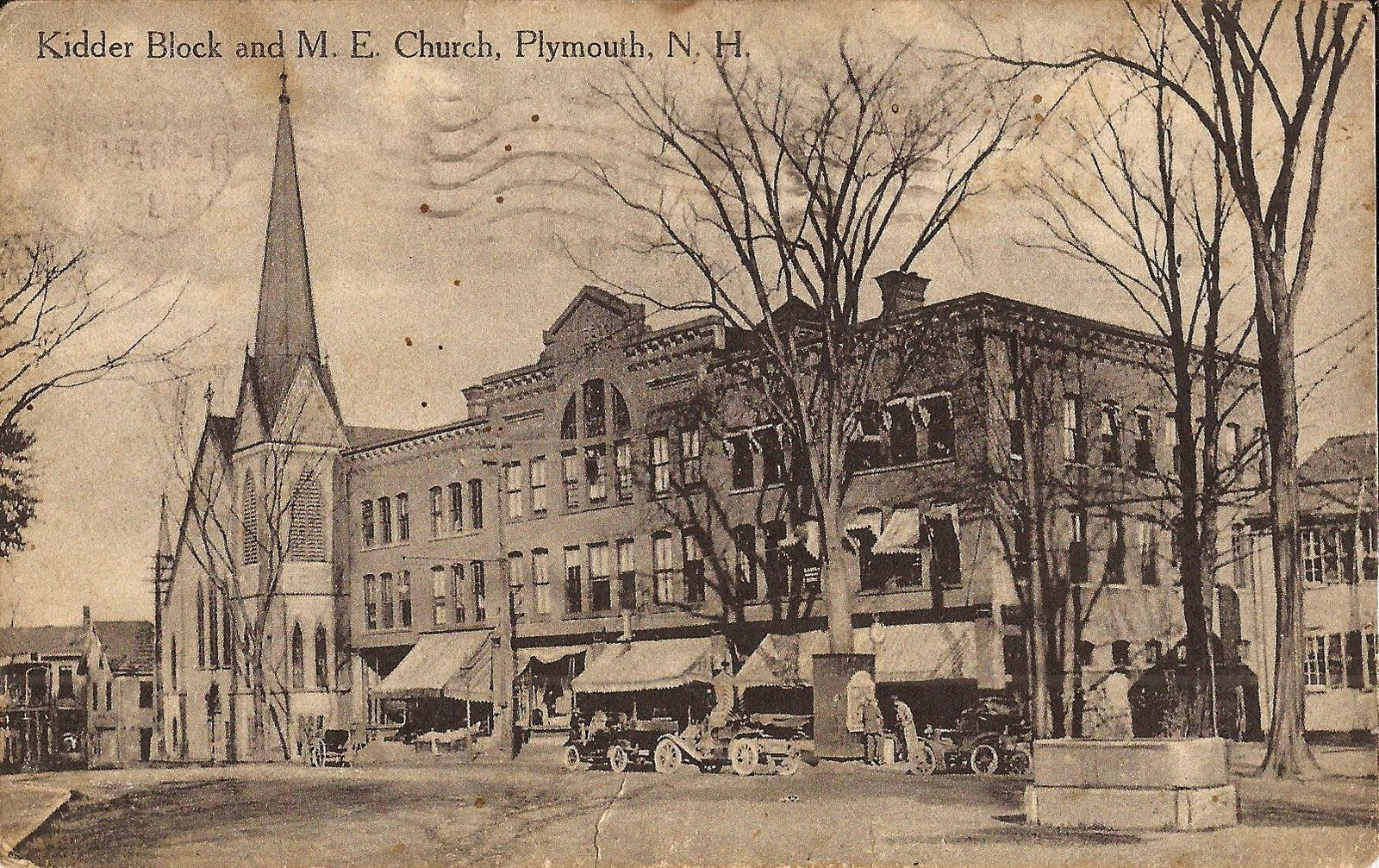 Plymouth, NEW HAMPSHIRE - Kidder Block & M.E. Church - 1919 - old cars, awnings Plymouth, NEW HAMPSHIRE - Kidder Block & M.E. Church - 1919 - old cars, awnings