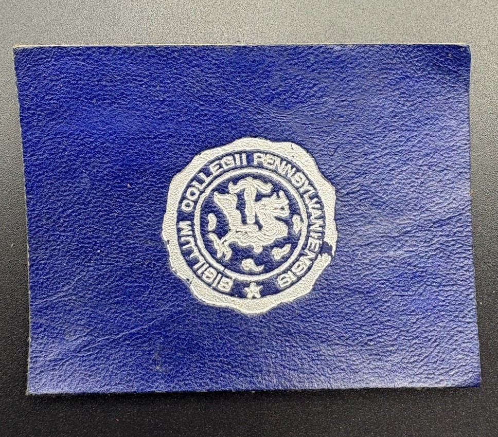 c1910 L20 Pennsylvania College Seal Tobacco Leather Lion Blue Silver 2x2.5