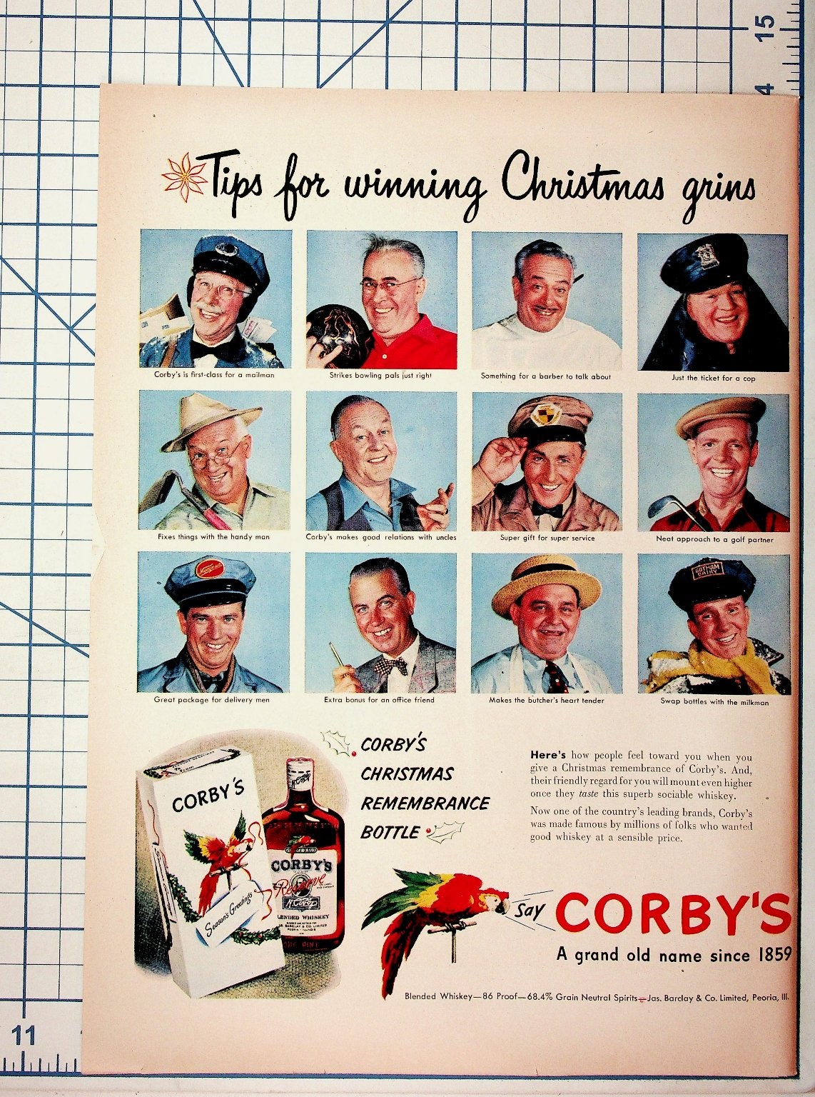Corby\'s Christmas Grins Whiskey Magazine Ad 1940s-50s Mailman Cop Barber