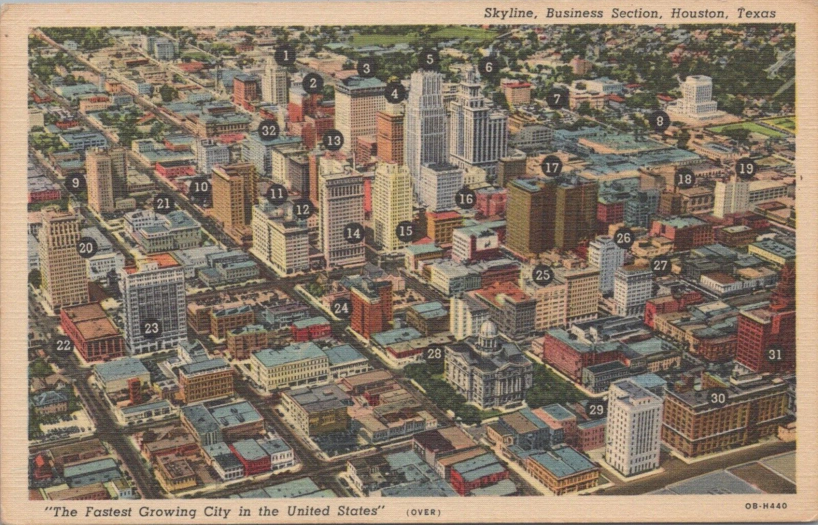 Postcard Texas TX Houston Skyline Identified Business Section Birdseye Linen