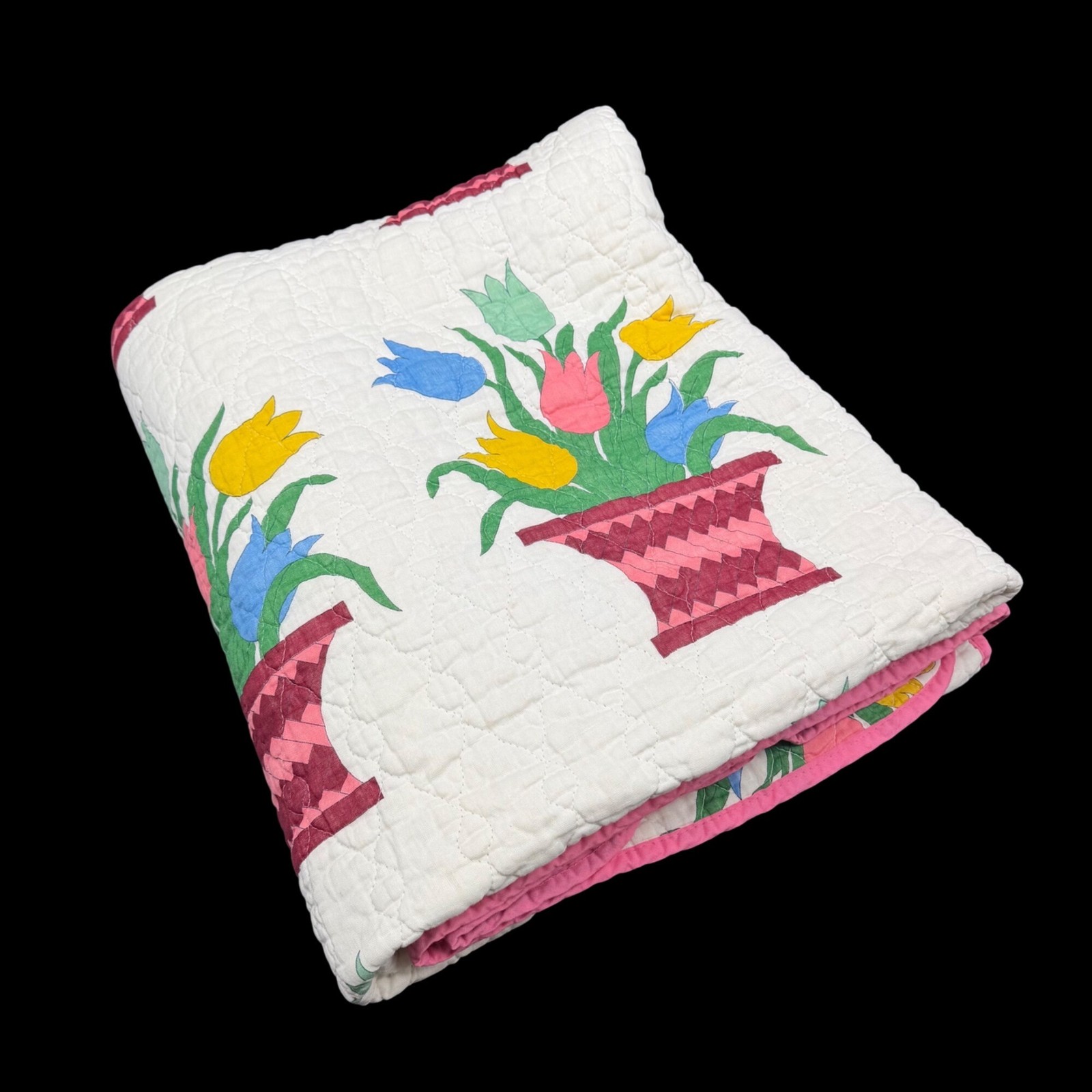 Vintage Handmade Blanket Tulip Basket Floral Quilted Pink Blue Yellow 65 by 75 Vintage Handmade Blanket Tulip Basket Floral Quilted Pink Blue Yellow 65 by 75