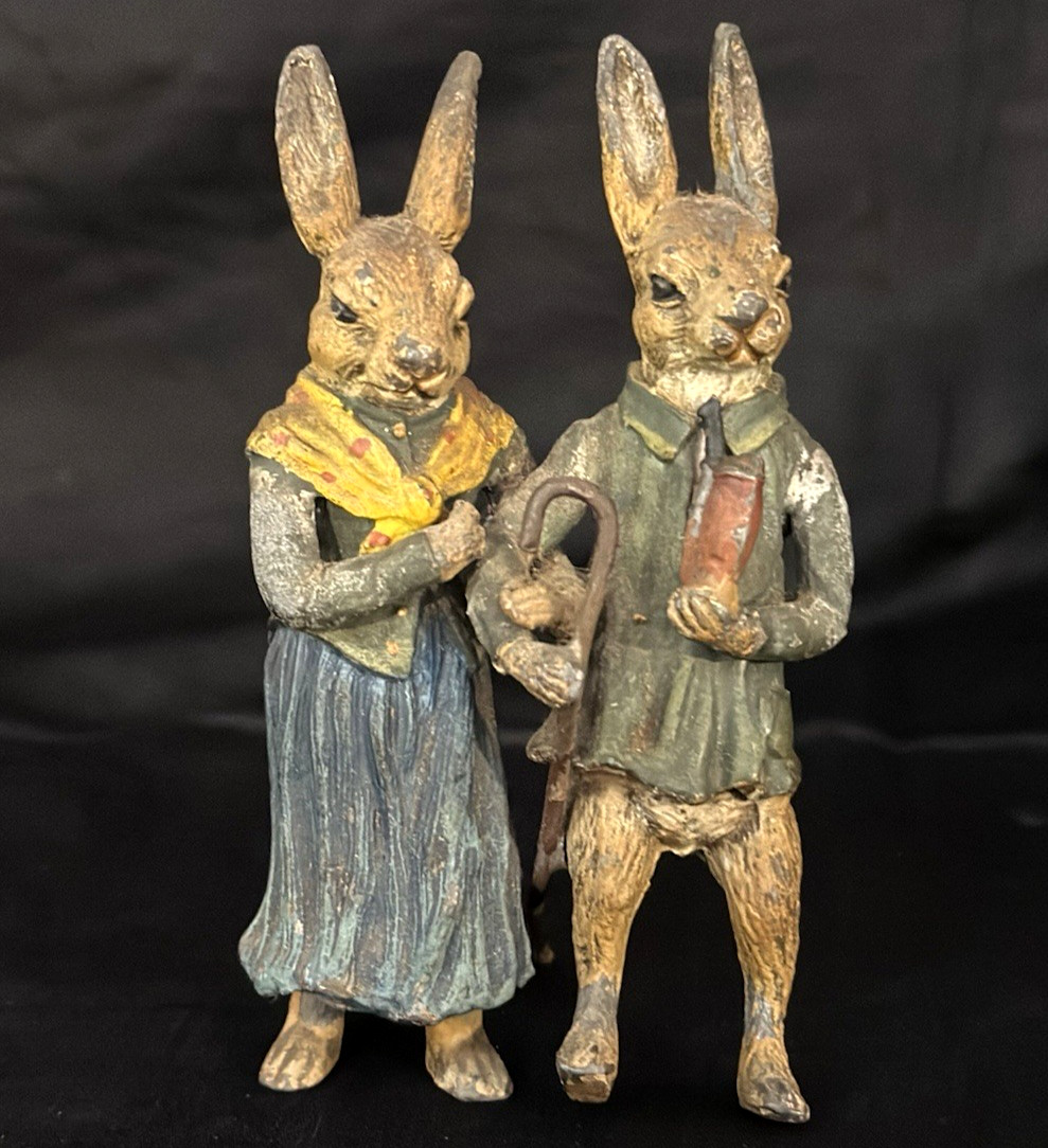 ANTIQUE AUSTRIAN VIENNA COLD PAINTED BRONZE PAIR OF RABBITS/HARES ANTIQUE AUSTRIAN VIENNA COLD PAINTED BRONZE PAIR OF RABBITS/HARES