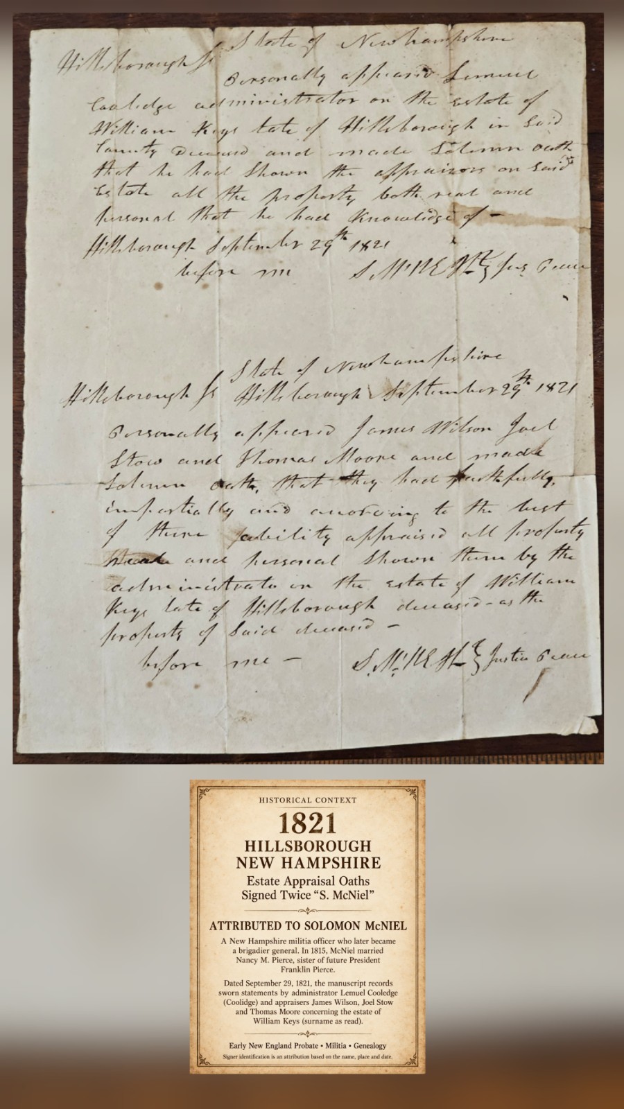 1821 Hillsborough NH Probate Manuscript S. McNiel Signed Twice Estate Oaths