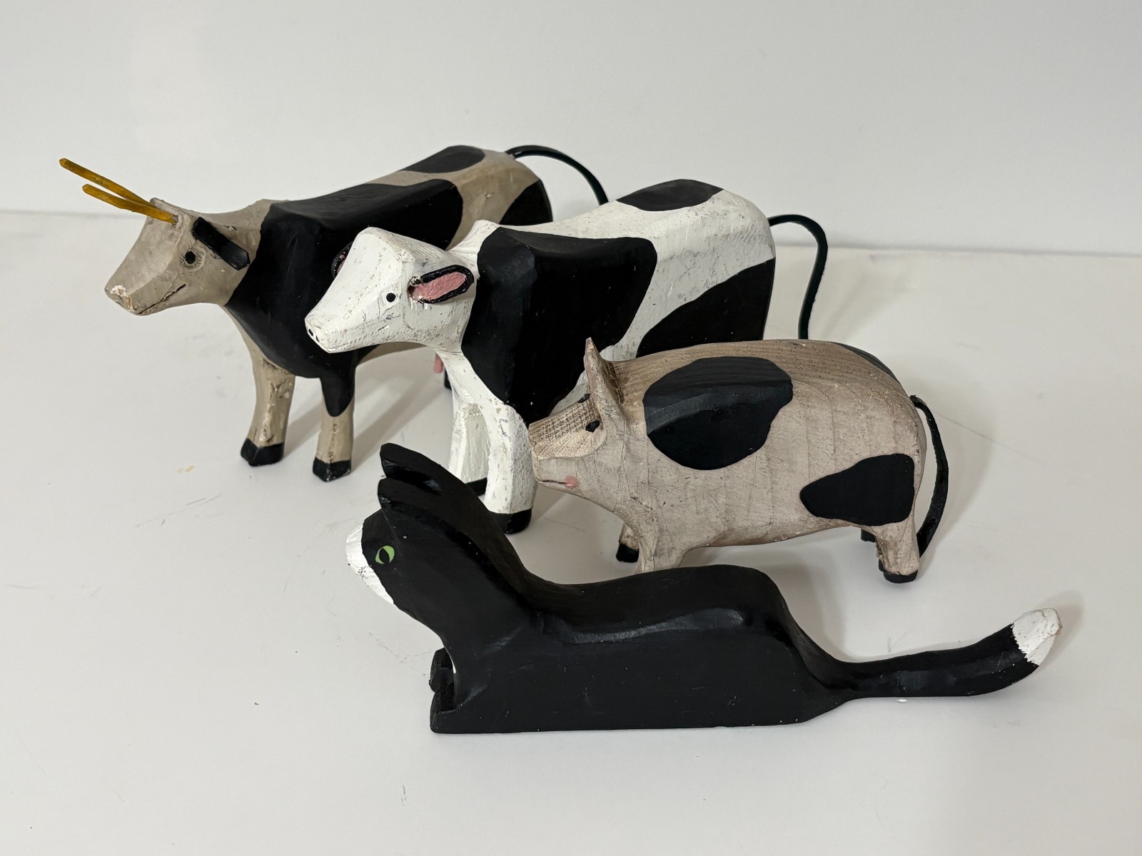 Four Vintage Wood Farm Animals Folk Art Hand Carved Painted Figurines 1990s