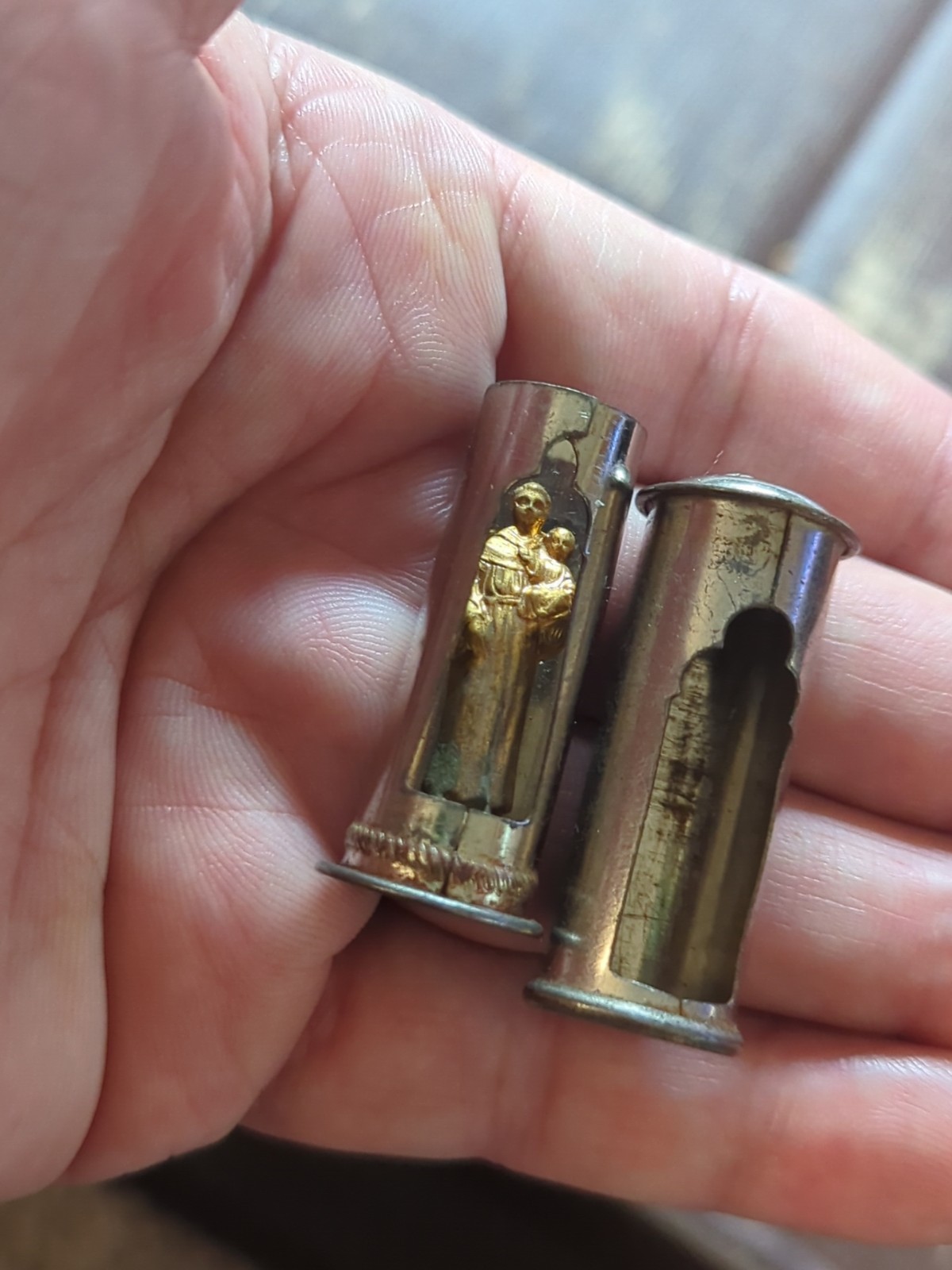Antique Miniature Pocket Shrine Virgin Mary & Child Figurine, Metal Case 1.75\ Antique Miniature Pocket Shrine Virgin Mary & Child Figurine, Metal Case 1.75\