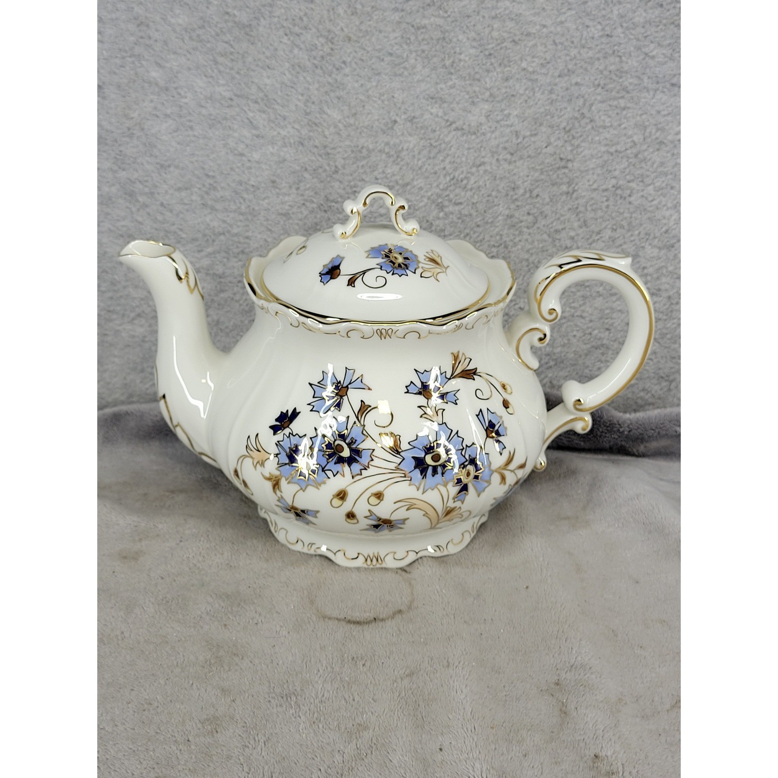 Vintage Zsolnay Hungary Teapot Blue Floral Cornflower Gold Trim Hand Painted
