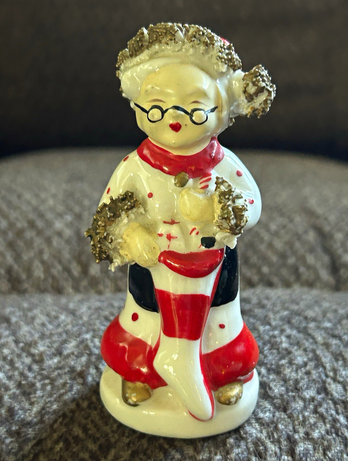 Vintage Mrs. Claus Ceramic Shaker Figurine with Spaghetti Trim Vintage Mrs. Claus Ceramic Shaker Figurine with Spaghetti Trim
