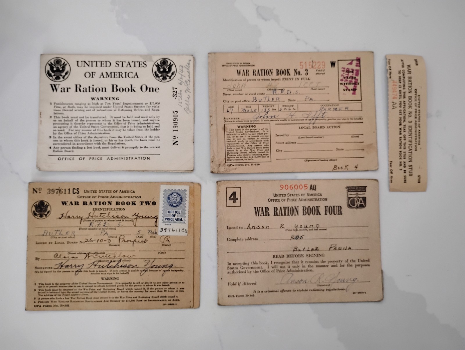 WWII Ration Books 1, 2, 3, 4 - Single PA Family World War Homefront Ephemera Lot WWII Ration Books 1, 2, 3, 4 - Single PA Family World War Homefront Ephemera Lot