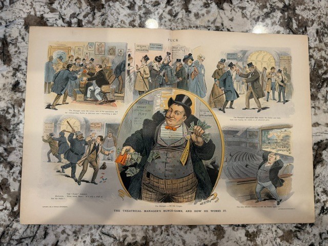 1900 PUCK THEATRICAL MANAGERS BUNCO GAME TICKET SCALPING EHRHART PRINT