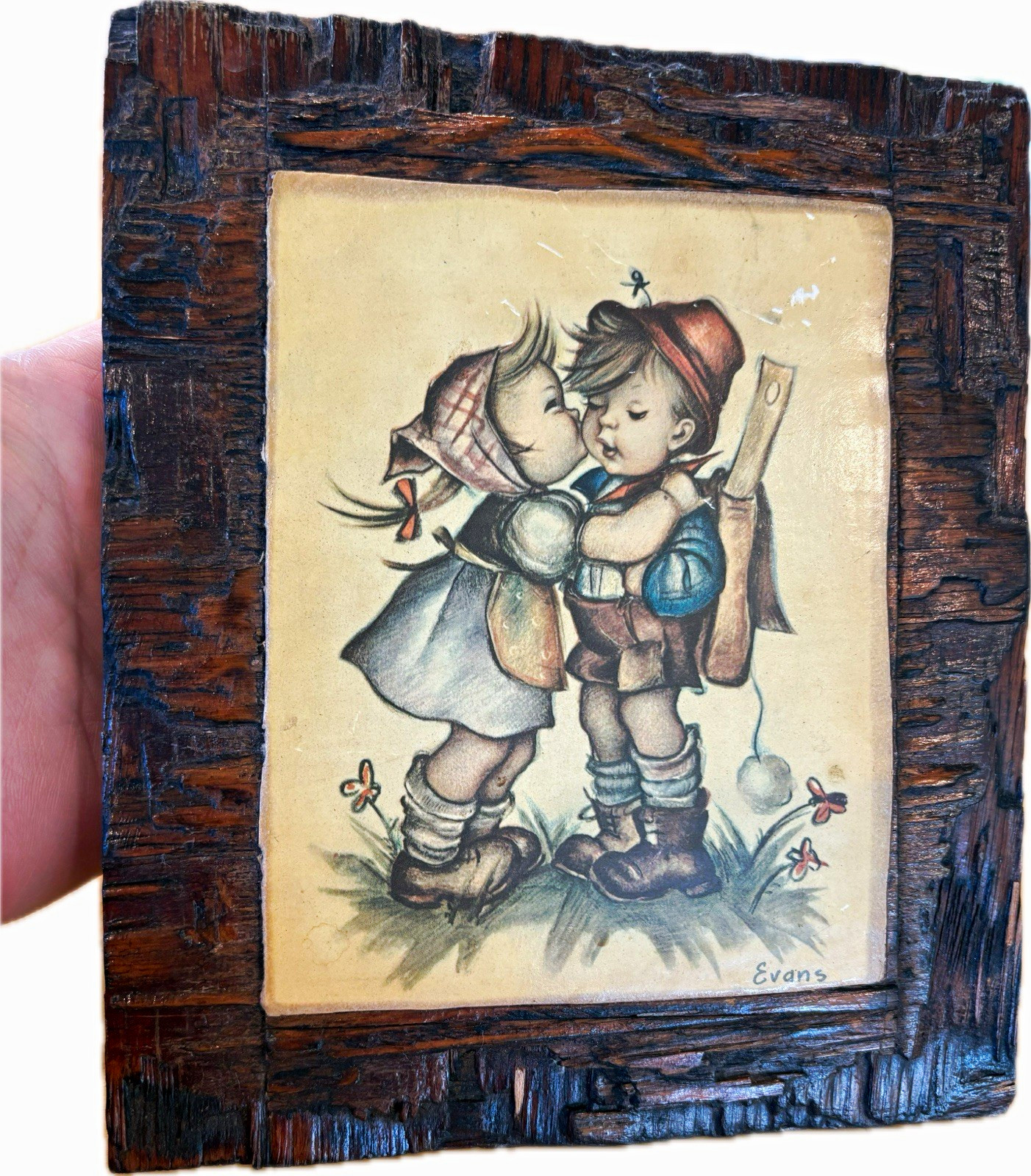 Vintage Evans Signed Wood Wall Plaque Children Kissing Art Rustic Wood Mounting Vintage Evans Signed Wood Wall Plaque Children Kissing Art Rustic Wood Mounting