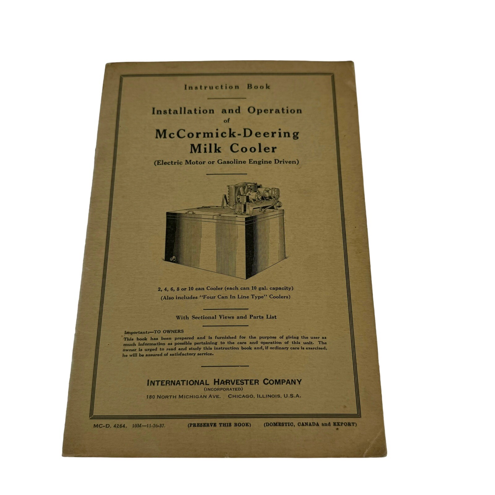Vintage 1937 McCormick Deering Milk Cooler Instruction Book Operation Manual Vintage 1937 McCormick Deering Milk Cooler Instruction Book Operation Manual