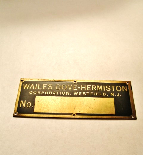 WAILES DOVE HERMISTON CORP, Westfield, NJ - Vintage ID Manufacture PLATE 1947